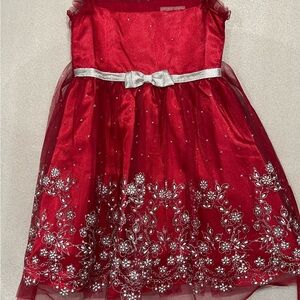 Red Floral Embroidered Dress with Silver Bow